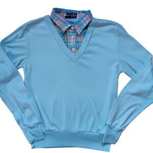 True Vintage Women's Sweater Medium 1970's V-neck Nerd Collar Knit Mom Boho